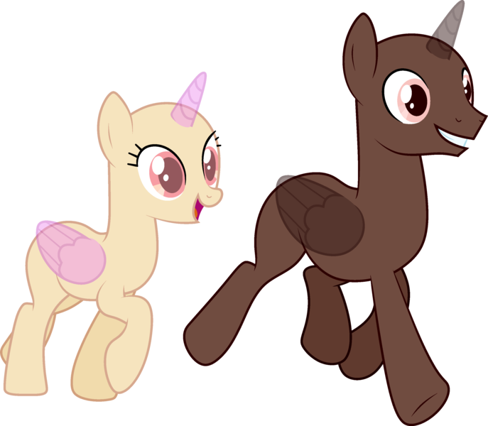 Size: 2785x2431 | Tagged: safe, artist:rerorir, derpibooru import, oc, unofficial characters only, alicorn, pony, alicorn oc, bald, base, duo, eyelashes, female, grin, horn, image, male, mare, open mouth, png, raised hoof, running, simple background, smiling, stallion, transparent background, underhoof, wings