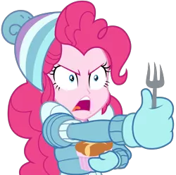 Size: 3281x3250 | Tagged: safe, artist:sketchmcreations, derpibooru import, pinkie pie, equestria girls, equestria girls series, holidays unwrapped, spoiler:eqg series (season 2), angry, clothes, coat, female, food, fork, frown, hat, image, open mouth, outstretched arm, png, ramekin, saving pinkie's pie, simple background, solo, souffle, toque, transparent background, vector, winter outfit, yelling