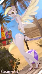 Size: 2160x3840 | Tagged: safe, artist:phenioxflame, derpibooru import, derpy hooves, anthro, pegasus, plantigrade anthro, 3d, baywatch, beach, beach ball, clothes, feet, glasses, image, nexgen, one-piece swimsuit, png, sandals, solo, source filmmaker, swimsuit