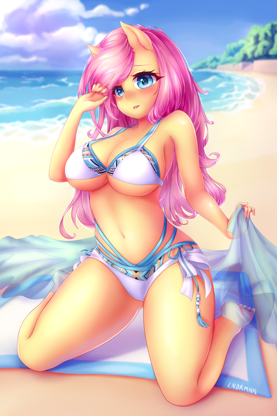 Size: 4000x6000 | Tagged: suggestive, artist:lndrmnn, derpibooru import, fluttershy, anthro, plantigrade anthro, adorasexy, beach, belly button, big breasts, bikini, blushing, breasts, busty fluttershy, clothes, cloud, cute, ear fluff, feet, female, image, kneeling, looking at you, ocean, png, sand, sexy, shyabetes, sky, solo, solo female, stupid sexy fluttershy, swimsuit, tree, underboob, water, wingless, wingless anthro