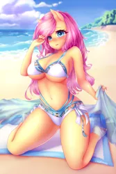Size: 4000x6000 | Tagged: suggestive, artist:lndrmnn, derpibooru import, fluttershy, anthro, plantigrade anthro, adorasexy, beach, belly button, big breasts, bikini, blushing, breasts, busty fluttershy, clothes, cloud, cute, ear fluff, feet, female, image, kneeling, looking at you, ocean, png, sand, sexy, shyabetes, sky, solo, solo female, stupid sexy fluttershy, swimsuit, tree, underboob, water, wingless, wingless anthro