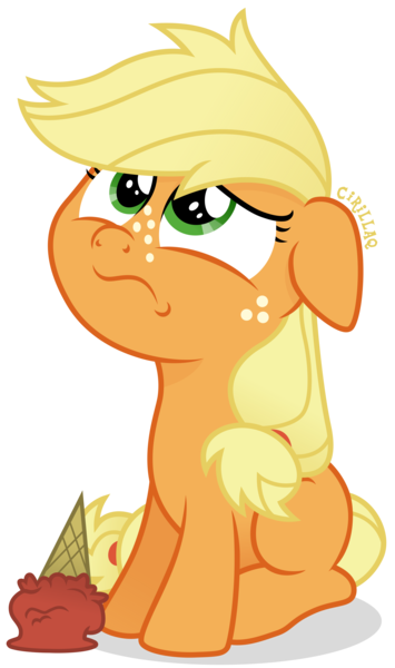 Size: 2318x3922 | Tagged: safe, artist:cirillaq, derpibooru import, applejack, earth pony, pony, blank flank, female, filly, filly applejack, floppy ears, food, high res, ice cream, image, png, sad, simple background, solo, transparent background, unhapplejack, vector, younger