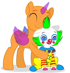 Size: 1645x1721 | Tagged: safe, artist:katnekobase, artist:pepppermintfox, derpibooru import, oc, unofficial characters only, alicorn, pony, alicorn oc, bald, clothes, clown, clown nose, collaboration, duo, eyelashes, eyes closed, horn, image, png, red nose, signature, simple background, smiling, transparent background, wings