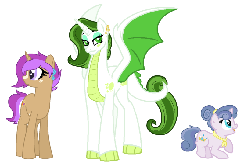 Size: 1826x1224 | Tagged: safe, artist:zafara1222, derpibooru import, oc, oc:malachite, oc:pastiche, oc:radiance, dracony, dragon, hybrid, pony, unicorn, female, filly, image, interspecies offspring, magical lesbian spawn, mare, offspring, parent:coco pommel, parent:rarity, parent:spike, parent:trenderhoof, parents:marshmallow coco, parents:sparity, parents:trenderity, png, simple background, transparent background