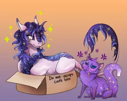 Size: 2000x1591 | Tagged: safe, artist:tri-edge, derpibooru import, kirin oc, oc, unofficial characters only, cat, kirin, :3, angry, behaving like a cat, box, cardboard box, collar, cute, frown, glare, gradient background, if i fits i sits, image, lying down, ocbetes, png, pony in a box, prone, smiling, smirk, solo, sparkles