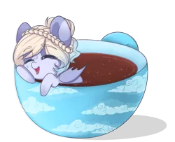 Size: 1753x1424 | Tagged: safe, artist:cloud-fly, derpibooru import, oc, unofficial characters only, bat pony, pony, commission, cup, eye clipping through hair, eyebrows visible through hair, eyes closed, female, image, mare, micro, png, simple background, smiling, solo, teacup, transparent background, ych result