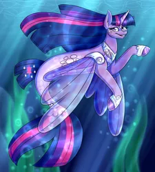 Size: 1800x2000 | Tagged: safe, artist:sinligereep, derpibooru import, twilight sparkle, twilight sparkle (alicorn), alicorn, pony, seapony (g4), bubble, clothes, crepuscular rays, dorsal fin, eyelashes, female, fin wings, fish tail, flowing mane, flowing tail, hoof shoes, horn, image, long mane, looking at you, ocean, png, purple eyes, seaponified, seapony twilight, seaweed, see-through, smiling, solo, species swap, sunlight, swimming, tail, underwater, water, wings