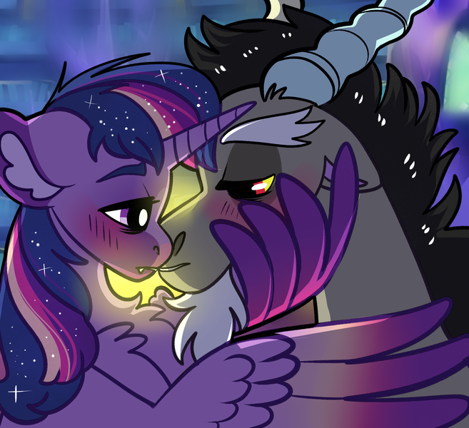 Size: 2300x2100 | Tagged: safe, artist:loryska, derpibooru import, discord, twilight sparkle, twilight sparkle (alicorn), alicorn, pony, blushing, chest fluff, colored wings, colored wingtips, discolight, ear fluff, fangs, female, image, infidelity, male, png, shipping, straight, wing hands, wings