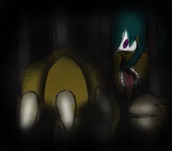 Size: 1224x1075 | Tagged: semi-grimdark, artist:kage, derpibooru import, oc, oc:soup, original species, unicorn, black background, claws, cloven hooves, image, imprisoned, insanity, jpeg, looking at you, paws, reaching towards, simple background, solo, tongue out