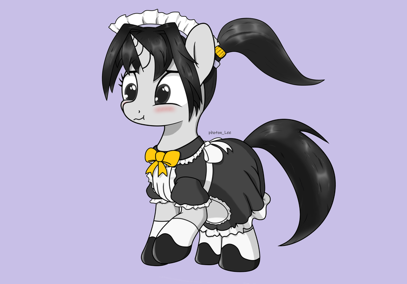 Size: 3543x2480 | Tagged: safe, artist:photon_lee, derpibooru import, oc, oc:photonlee, unofficial characters only, pony, unicorn, blushing, bow, clothes, female, image, maid, mare, one hoof raised, png, ponytail, purple background, simple background, trace