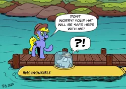 Size: 1280x905 | Tagged: safe, artist:pony-berserker, derpibooru import, oc, oc:final drive, oc:longhaul, unicorn, dialogue, glasses, hat, image, jpeg, pier, submarine, terrified, this will end in drowning, this will not end well, yellow submarine