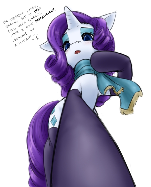 Size: 1358x1678 | Tagged: safe, artist:alloyrabbit, derpibooru import, rarity, pony, unicorn, blushing, clothes, dialogue, female, giantess, image, jpeg, looking down, macro, scarf, socks, stockings, thigh highs, worm's eye view