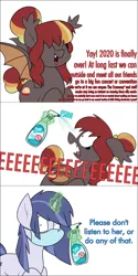Size: 1525x3039 | Tagged: safe, artist:moonatik, derpibooru import, oc, oc:porona, oc:social distance, unofficial characters only, bat pony, pony, unicorn, 2020, 2021, bad advice, bad influence, bat pony oc, bat wings, coronavirus, cute, duo, duo female, eeee, eyes closed, face mask, fangs, female, floppy ears, frown, hair bun, horn, image, levitation, looking at you, magic, mare, mask, op has a point, op is right, open mouth, png, public service announcement, reality sucks, sad truth, scared, shrunken pupils, simple background, smiling, spray bottle, spread wings, telekinesis, truth, unicorn oc, vulgar description, white background, wide eyes, wings