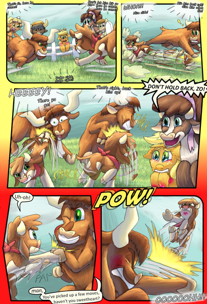 Size: 1080x1584 | Tagged: safe, artist:firefanatic, derpibooru import, applejack, arizona cow, cow, pony, comic:friendship management, them's fightin' herds, action, calf, comic, community related, dialogue, fence, fight, grass, hitting, image, minnesota (tfh), nervous, onomatopoeia, png, smiling, sound effects, texas (tfh), what is hoo-man