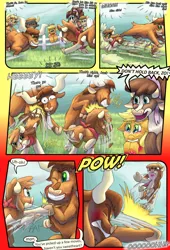 Size: 1080x1584 | Tagged: safe, artist:firefanatic, derpibooru import, applejack, arizona cow, cow, pony, comic:friendship management, them's fightin' herds, action, calf, comic, community related, dialogue, fence, fight, grass, hitting, image, minnesota (tfh), nervous, onomatopoeia, png, smiling, sound effects, texas (tfh), what is hoo-man