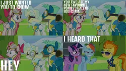 Size: 1986x1117 | Tagged: safe, derpibooru import, edit, edited screencap, editor:quoterific, screencap, angel wings, rainbow dash, sky stinger, spitfire, twilight sparkle, vapor trail, alicorn, pegasus, top bolt, angry, clothes, female, grin, gritted teeth, image, male, nervous, nervous grin, open mouth, png, smiling, sunglasses, surprised, teeth, trio, trio female, twilight sparkle (alicorn), uniform, wonderbolts uniform
