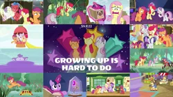 Size: 1978x1113 | Tagged: safe, derpibooru import, edit, edited screencap, editor:quoterific, screencap, apple bloom, applejack, biscuit, bloofy, bon appétit, fluttershy, gourmand ramsay, rainbow dash, rarity, ruby slippers (pony), scootaloo, spur, sweetie belle, twilight sparkle, twilight sparkle (alicorn), alicorn, bufogren, earth pony, pegasus, pony, unicorn, growing up is hard to do, applejack's hat, bag, bipedal, book, bow, cowboy hat, cutie mark crusaders, eyes closed, female, filly, flower, glowing horn, hat, horn, image, laughing, magic, magic aura, male, older, older apple bloom, older scootaloo, older sweetie belle, open mouth, png, saddle bag, self ponidox, teeth, tied up, train station, trio, trio female, wishing flower