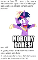 Size: 470x738 | Tagged: artist needed, safe, derpibooru import, edit, twilight sparkle, twilight sparkle (alicorn), alicorn, pony, alicorn drama, alicorn drama drama drama, crown, drama, engrish, female, image, impact font, jewelry, jpeg, mare, nobody cares, old drama, op has issues, op is a slowpoke, regalia, simple background, slowpoke, solo, text, white background