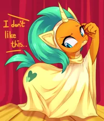 Size: 3200x3700 | Tagged: safe, artist:maren, derpibooru import, smolder, dragon, unicorn, horse play, blushing, clothes, costume, cute, dialogue, dragoness, female, high res, image, png, pony costume, prosthetic butt, smolderbetes, solo, stage, sweat, sweatdrops