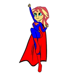 Size: 768x768 | Tagged: source needed, safe, artist:felix lynn, derpibooru import, sunset shimmer, equestria girls, crossover, female, image, png, simple background, solo, superman, transparent background