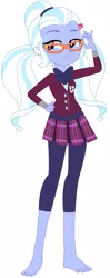 Size: 345x870 | Tagged: safe, artist:marcorois, derpibooru import, edit, editor:thomasfan45, sugarcoat, equestria girls, barefoot, blouse, bow, clothes, crystal prep academy uniform, crystal prep shadowbolts, cute, feet, glasses, hairclip, hand on hip, image, jpeg, leggings, legs, looking to side, pigtails, pleated skirt, school uniform, simple background, skirt, solo, suspicious, twintails, vector, white background