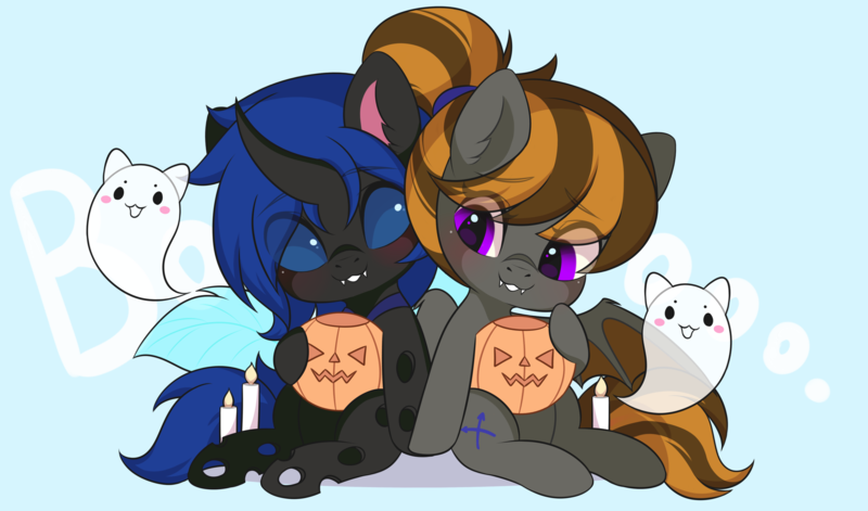 Size: 3000x1767 | Tagged: safe, artist:yomechka, derpibooru import, oc, oc:mythic dawn, oc:swift dawn, unofficial characters only, bat pony, changeling, ghost, pony, undead, basket, bat pony oc, bat wings, blue changeling, blue eyes, blushing, brother and sister, candle, changeling oc, chibi, commission, cute, cyan background, duo, ear fluff, eyebrows visible through hair, fangs, female, fluffy changeling, hair tie, halloween, holding hooves, holiday, horn, image, jack-o-lantern, looking at each other, male, onomatopoeia, png, ponytail, pumpkin, purple eyes, siblings, simple background, sitting, smiling, wings, ych result