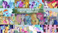 Size: 1968x1107 | Tagged: safe, derpibooru import, edit, edited screencap, editor:quoterific, screencap, apple bloom, applejack, berry punch, berryshine, carrot top, cloud kicker, coco crusoe, dark moon, diamond tiara, doctor whooves, fancypants, fleur-de-lis, fluttershy, golden harvest, graphite, junebug, lemon hearts, linky, lyra heartstrings, minuette, pinkie pie, princess celestia, princess luna, rainbow dash, rainbow stars, rainbowshine, rarity, scootaloo, sea swirl, seafoam, shoeshine, spike, starlight glimmer, sweetie belle, time turner, tornado bolt, trixie, twilight sparkle, twilight sparkle (alicorn), twinkleshine, alicorn, dragon, earth pony, pegasus, pony, unicorn, bats!, celestial advice, dragonshy, fall weather friends, friendship is magic, horse play, it's about time, magic duel, no second prances, ponyville confidential, what about discord?, winter wrap up, applejack's hat, bipedal, book, bow, clothes, cowboy hat, cutie mark crusaders, eyes closed, female, filly, fluttershy's cottage, hat, hoof shoes, image, laughing, male, mane seven, mane six, no mouth, nose in the air, open mouth, png, sharp teeth, sitting, teeth, twilight's castle, unicorn twilight, vest, wall of tags