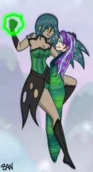 Size: 1353x2500 | Tagged: safe, artist:banquo0, derpibooru import, queen chrysalis, starlight glimmer, human, the ending of the end, bondage, boots, breasts, cleavage, clothes, cocoon, corset, female, fight, gloves, glowing hands, humanized, image, jpeg, magic, shoes, starlight vs chrysalis, victorious villain