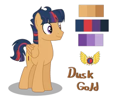 Size: 1970x1572 | Tagged: safe, artist:sarasdream04, derpibooru import, oc, oc:dusk gold, pegasus, pony, image, magical lesbian spawn, male, offspring, parent:sunset shimmer, parent:twilight sparkle, parents:sunsetsparkle, png, reference sheet, simple background, solo, stallion, transparent background