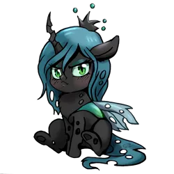 Size: 708x708 | Tagged: safe, artist:tokokami, derpibooru import, queen chrysalis, changeling, changeling queen, chest fluff, chibi, crown, cute, cutealis, ear fluff, female, fluffy changeling, image, jewelry, looking at you, png, pouting, regalia, simple background, sitting, solo, transparent background