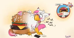 Size: 1280x668 | Tagged: safe, artist:foxxy-arts, derpibooru import, oc, oc:foxxy hooves, hippogriff, blushing, burger, female, food, heart, hippogriff oc, image, inanimate tf, inflatable, jpeg, phone, restaurant, solo, transformation