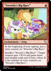 Size: 375x523 | Tagged: safe, derpibooru import, edit, alula, applecore, applejack, berry punch, berryshine, carrot top, cloud kicker, dinky hooves, golden harvest, noi, piña colada, pluto, sweetie belle, friendship is witchcraft, sisterhooves social, bandana, ccg, hat, image, implied sweetie bot, magic the gathering, png, trading card, trading card edit