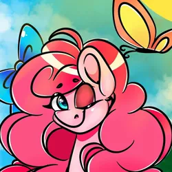 Size: 1080x1080 | Tagged: safe, alternate version, artist:tessa_key_, derpibooru import, oc, unofficial characters only, butterfly, earth pony, insect, pony, bow, bust, colored, earth pony oc, hair bow, image, jpeg, one eye closed, outdoors, smiling, solo, sun, wink