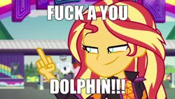 Size: 2190x1232 | Tagged: safe, derpibooru import, edit, edited screencap, screencap, max steele, raspberry lilac, sunset shimmer, dolphin, equestria girls, equestria girls series, sunset's backstage pass!, spoiler:eqg series (season 2), female, flipping off, fuck you, image, meme, middle finger, png, smiling, smirk, south park, text, text edit, vulgar