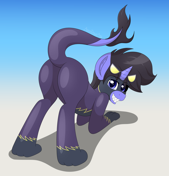 Size: 4700x4900 | Tagged: suggestive, artist:aarondrawsarts, derpibooru import, oc, hybrid, pony, unicorn, bent over, butt, clothes, commission, costume, ear fluff, face down ass up, featureless crotch, glasses, grin, horn, image, inviting, looking at you, male, paws, plot, png, presenting, raised tail, shadowbolts costume, smiling, stallion, tail