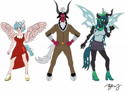Size: 1280x969 | Tagged: suggestive, artist:zim t. chiang, derpibooru import, cozy glow, lord tirek, queen chrysalis, anthro, centaur, changeling, changeling queen, pegasus, unguligrade anthro, clothes, female, image, jpeg, male, mean three, simple background, trio