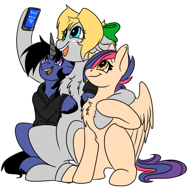 Size: 2186x2160 | Tagged: safe, artist:brainiac, derpibooru import, oc, oc:brush stroke, oc:gray star, oc:risky, earth pony, pegasus, pony, unicorn, derpibooru community collaboration, 2021 community collab, blue screen, derpibooru exclusive, error screen, female, image, mare, mobile phone, phone, png, simple background, transparent background