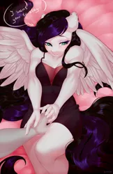 Size: 830x1280 | Tagged: suggestive, artist:bylullabysoft, derpibooru import, oc, oc:sweet blasphemy, unofficial characters only, anthro, pegasus, adorasexy, bed, bedroom eyes, breasts, clothes, commission, cute, digital art, dress, duo, ear piercing, faceless male, female, image, jpeg, laying on bed, looking away, lying down, male, offscreen character, on bed, piercing, sexy, speech bubble, spread wings, straight, tail, text, thighs, wings, ych result