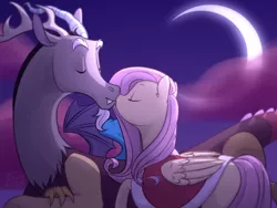 Size: 1920x1447 | Tagged: safe, artist:barlerd, derpibooru import, discord, fluttershy, draconequus, pegasus, pony, clothes, cloud, coat, crescent moon, cute, discoshy, eyes closed, female, folded wings, image, kissing, male, mare, moon, night, outdoors, png, shipping, straight, wings