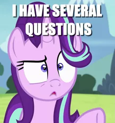 Size: 987x1053 | Tagged: safe, derpibooru import, edit, edited screencap, screencap, starlight glimmer, pony, unicorn, rock solid friendship, caption, cropped, female, i have several questions, image, image macro, jontron, mare, meme, png, solo, starlight glimmer is best facemaker, text