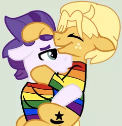 Size: 636x660 | Tagged: safe, artist:box-of-ideas, artist:jadethepegasus, derpibooru import, dirk thistleweed, ragamuffin (equestria girls), ponified, earth pony, pony, base used, bedroom eyes, clothes, equestria girls ponified, eyes closed, freckles, gay, gay pride, gay pride flag, gray background, hug, image, kissing, male, open mouth, png, pride, pride flag, ragadirk, rainbow, shipping, shirt, simple background, stallion, t-shirt