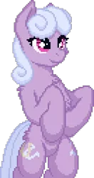 Size: 201x381 | Tagged: safe, artist:zeka10000, derpibooru import, lilac links, earth pony, pony, bipedal, chest fluff, cute, female, hoof on belly, image, lilac adoralinks, mare, pixel art, png, simple background, solo, standing, transparent background