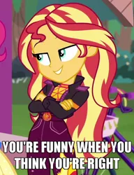 Size: 500x650 | Tagged: safe, derpibooru import, edit, edited screencap, screencap, pinkie pie, sunset shimmer, equestria girls, equestria girls series, sunset's backstage pass!, spoiler:eqg series (season 2), caption, clothes, condescending, cropped, crossed arms, geode of empathy, image, image macro, magical geodes, music festival outfit, png, smiling, smirk, smugset shimmer, text