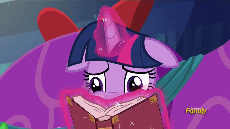 Size: 960x540 | Tagged: safe, derpibooru import, screencap, twilight sparkle, twilight sparkle (alicorn), alicorn, pony, a hearth's warming tail, blushing, book, discovery family logo, female, floppy ears, gif, glowing horn, horn, image, magic, mare, solo, telekinesis