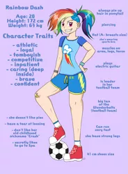 Size: 3085x4198 | Tagged: safe, artist:nightydream, derpibooru import, rainbow dash, human, alternate hairstyle, clothes, converse, description, female, humanized, image, png, shoes, soccer ball (object), solo