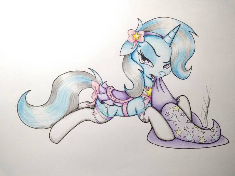 Size: 1008x756 | Tagged: safe, artist:josger1996, artist:killryde, derpibooru import, trixie, clothes, hat, image, jpeg, saddle, socks, tack, traditional art, trixie's hat