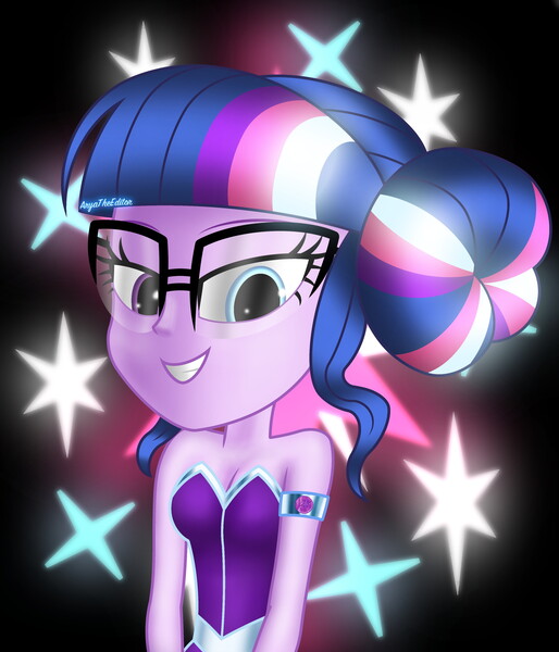 Size: 3000x3500 | Tagged: safe, artist:aryatheeditor, derpibooru import, sci-twi, twilight sparkle, equestria girls, accessories, bare shoulders, beautiful, bedroom eyes, breasts, bust, cleavage, clothes, cutie mark, cutie mark background, digital art, dress, element of magic, female, geode of telekinesis, glasses, glow, glowing eyes, grin, hair bun, heterochromia, image, jewelry, jpeg, looking at you, looking down, looking down at you, magical geodes, nerd, outfit, pendant, photo, powerful sparkle, relaxed, shiny, sleeveless, smiling, solo, sparkles, strapless