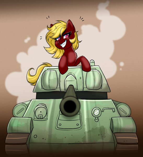 Size: 1351x1482 | Tagged: safe, artist:confetticakez, derpibooru import, oc, oc:cherry star, unofficial characters only, earth pony, pony, grin, image, jpeg, looking at you, smiling, solo, t-34, tank (vehicle)