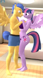 Size: 1080x1920 | Tagged: suggestive, artist:daveman1000, derpibooru import, part of a set, flash sentry, twilight sparkle, twilight sparkle (alicorn), alicorn, anthro, pegasus, plantigrade anthro, 3d, bare chest, barefoot, bedroom, big breasts, bikini, breasts, busty twilight sparkle, clothes, different angle, feet, female, flashlight, image, male, nose to nose, png, sfm pony, shipping, shorts, source filmmaker, spread wings, straight, swimsuit, thighlight sparkle, thighs, thunder thighs, wings