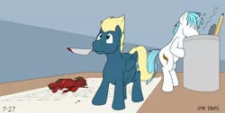 Size: 4328x2184 | Tagged: semi-grimdark, artist:jim davis, artist:rapidstrike, derpibooru import, oc, oc:crimson rune, oc:ocean serenity, oc:snap fable, pegasus, pony, unicorn, blood, chubby, dead, death, fat, grimcute, image, kitchen knife, knife, mouth hold, pen, png, this is a threat, throwing up, vomit, vomiting